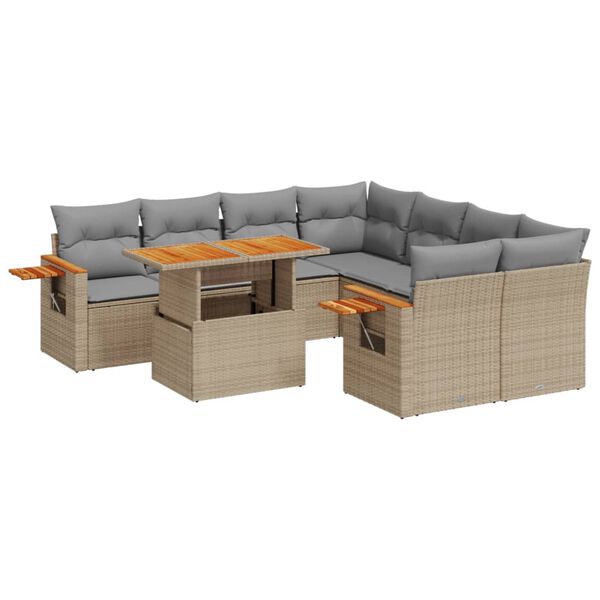 vidaXL 9-tlg. Garten-Sofagarnitur mit Kissen Beige Poly Rattan