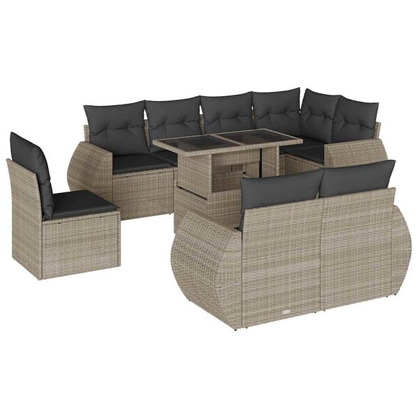 vidaXL 9-tlg. Garten-Sofagarnitur mit Kissen Hellgrau Poly Rattan