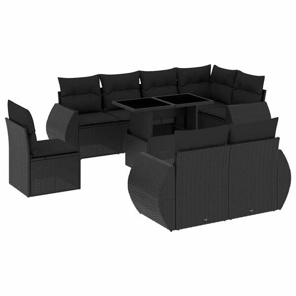 vidaXL 9-tlg. Garten-Sofagarnitur mit Kissen Schwarz Poly Rattan