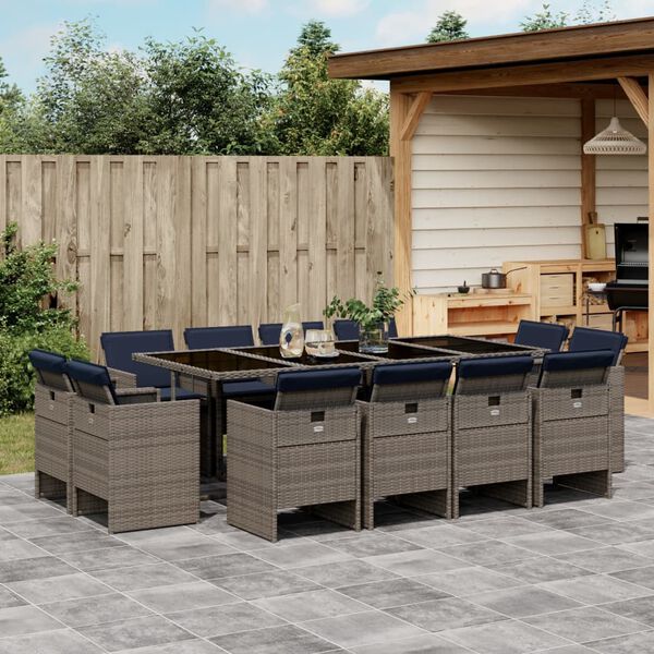 vidaXL 13-teiliges Garten-Ess-Set mit Kissen, grau, Polyrattan