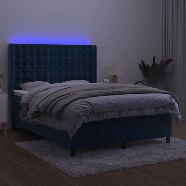 vidaXL Boxspringbett mit Matratze & LED Dunkelblau 140x200 cm Samt