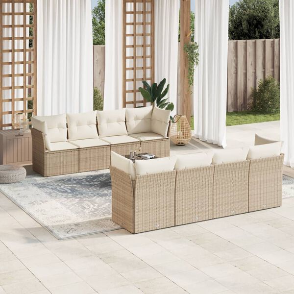 vidaXL 9-tlg. Garten-Sofagarnitur mit Kissen Beige Poly Rattan