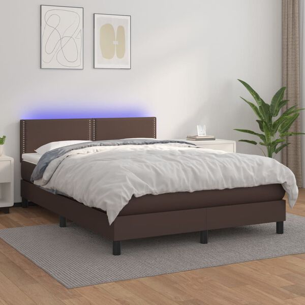 vidaXL Boxspringbett mit Matratze & LED Braun 140x190 cm Kunstleder