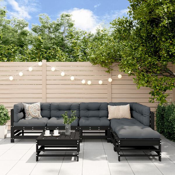 vidaXL 7-tlg. Garten-Lounge-Set mit Kissen Schwarz Massivholz