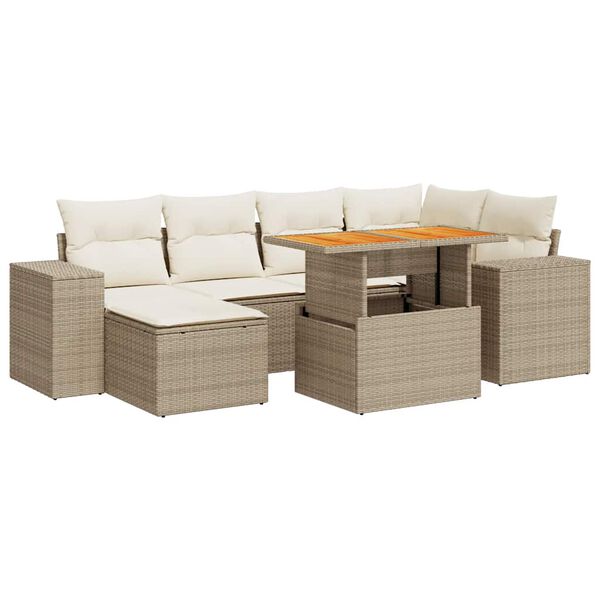 vidaXL 7-tlg. Garten-Sofagarnitur mit Kissen Beige Poly Rattan