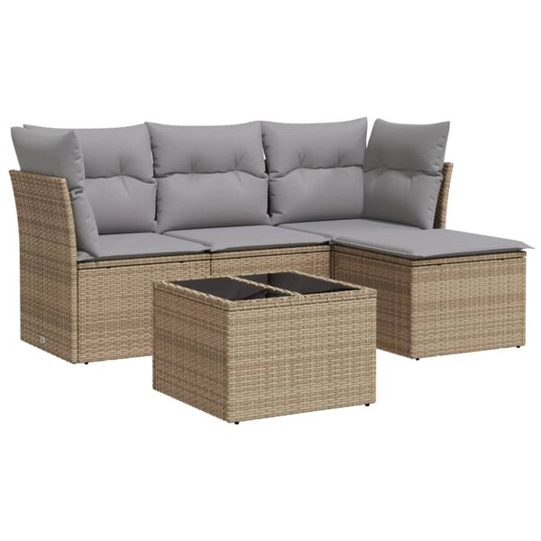 vidaXL 5-tlg. Garten-Sofagarnitur mit Kissen Beige Poly Rattan