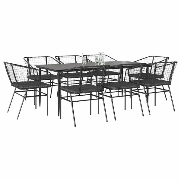 vidaXL 9-tlg. Garten-Essgruppe mit Kissen Schwarz Poly Rattan Glas