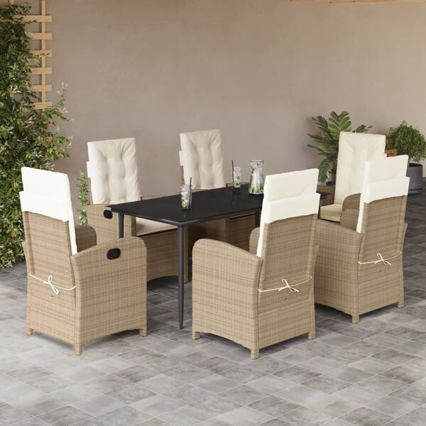 vidaXL 7-tlg. Garten-Essgruppe mit Kissen Beige Poly Rattan