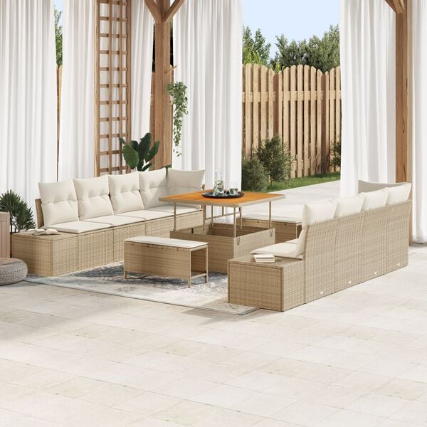 vidaXL Garten-Sofa-Set mit Kissen mit Speicher 11 pcs Beige und Creme