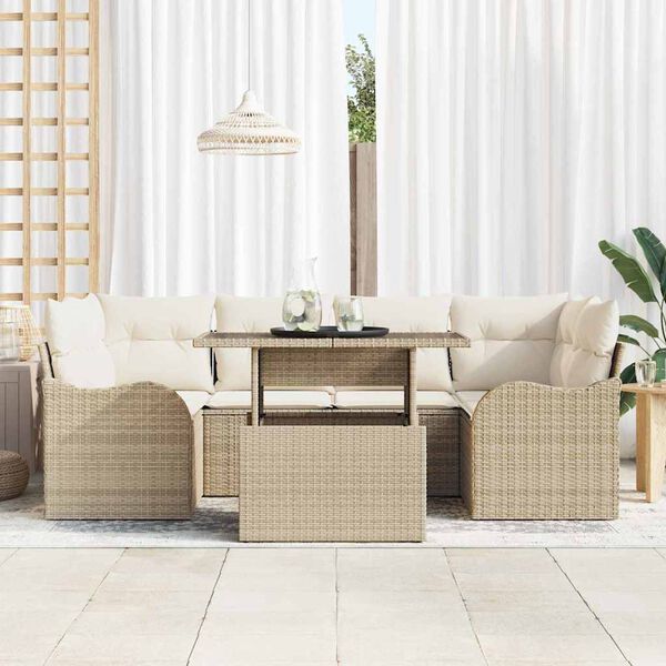 vidaXL Gartensofa-set mit Kissen mit Speicher 7 pcs Beige Poly Rattan