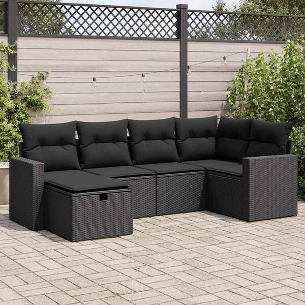 vidaXL 6-tlg. Garten-Sofagarnitur mit Kissen Schwarz Poly Rattan
