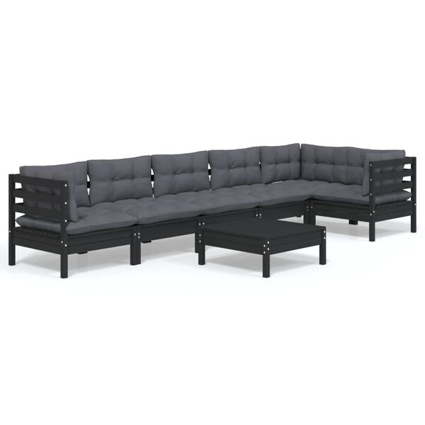 vidaXL 7-tlg. Garten-Lounge-Set mit Kissen Schwarz Kiefernholz