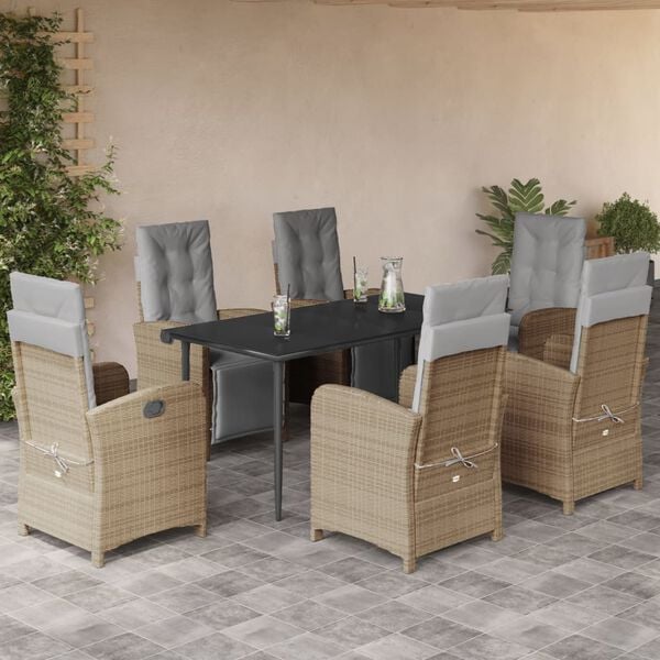 vidaXL 7-tlg. Garten-Essgruppe mit Kissen Beige Poly Rattan