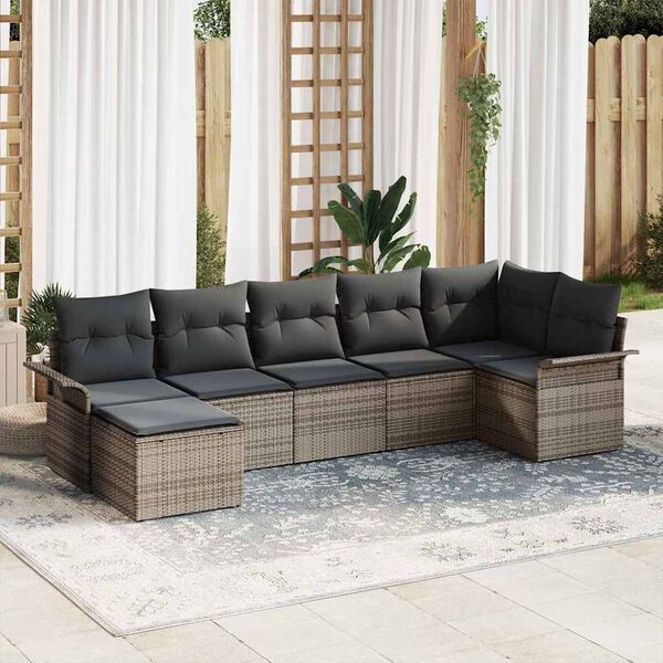 vidaXL Garten-Sofa-Set mit Kissen mit Speicher 7 pcs Grau Poly Rattan