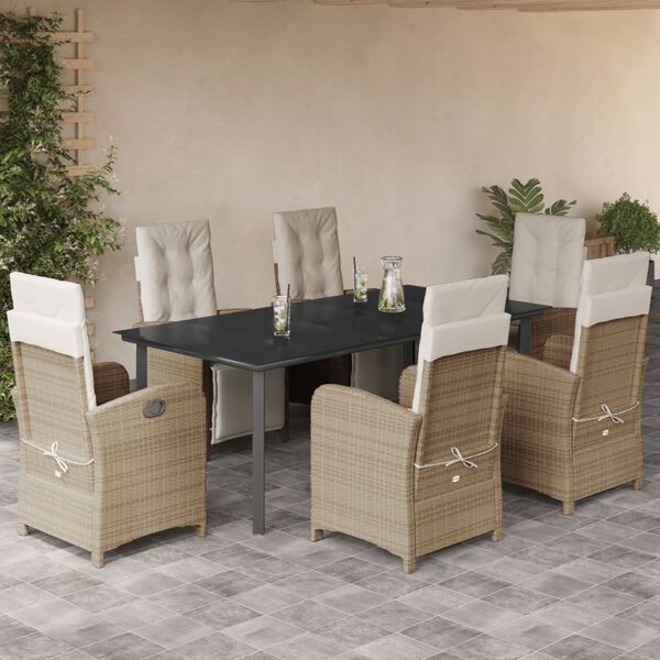 vidaXL 7-tlg. Garten-Essgruppe mit Kissen Beige Poly Rattan