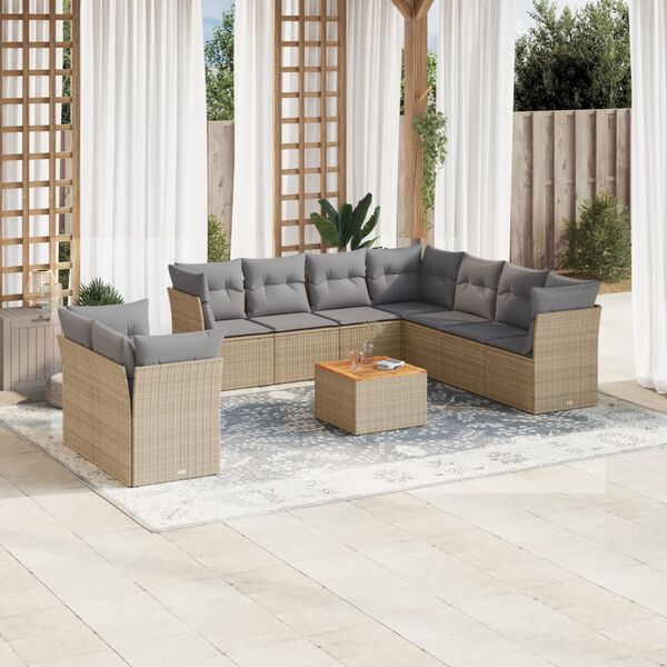 vidaXL 11-tlg. Garten-Sofagarnitur mit Kissen Beige Poly Rattan
