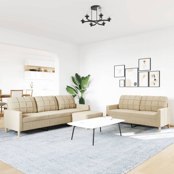 vidaXL 3-tlg. Sofagarnitur mit Fußhocker Creme Stoff