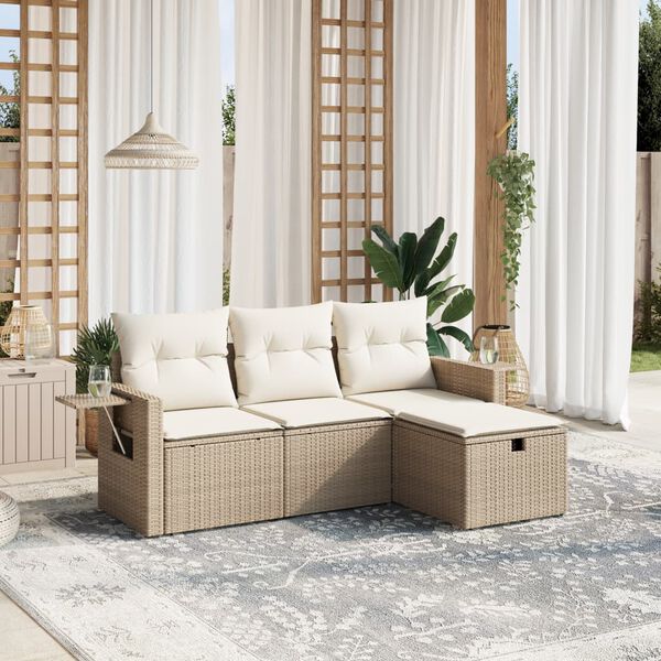 vidaXL 4-tlg. Garten-Sofagarnitur mit Kissen Beige Poly Rattan