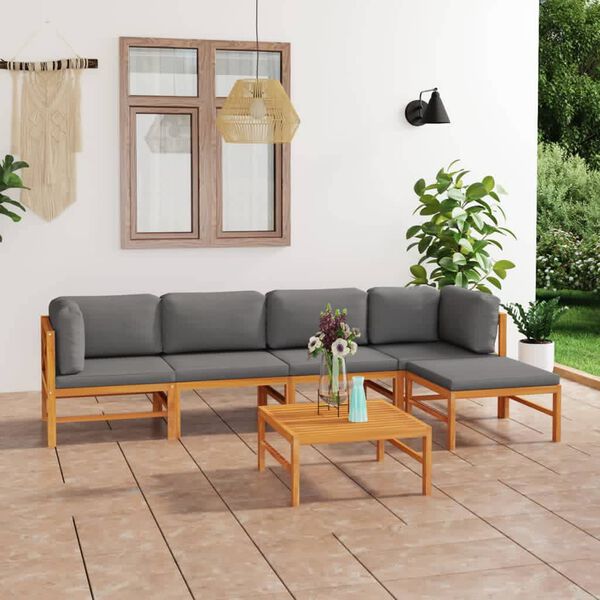 vidaXL 6-tlg. Garten-Lounge-Set mit Grauen Kissen Massivholz Teak