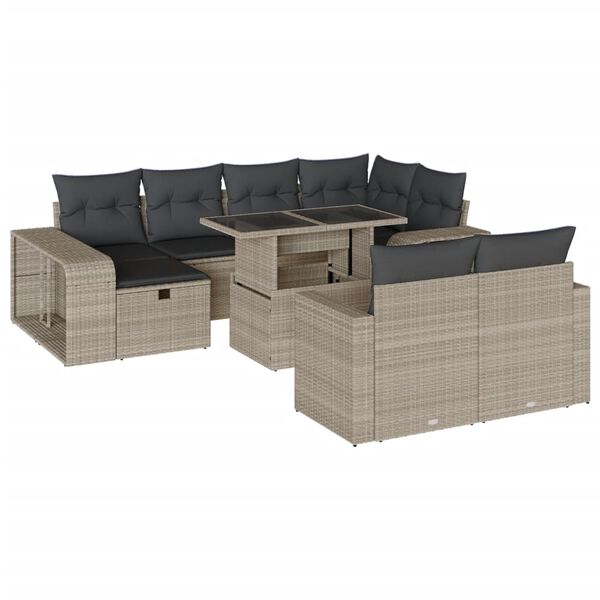 vidaXL 11-tlg. Garten-Sofagarnitur mit Kissen Hellgrau Poly Rattan