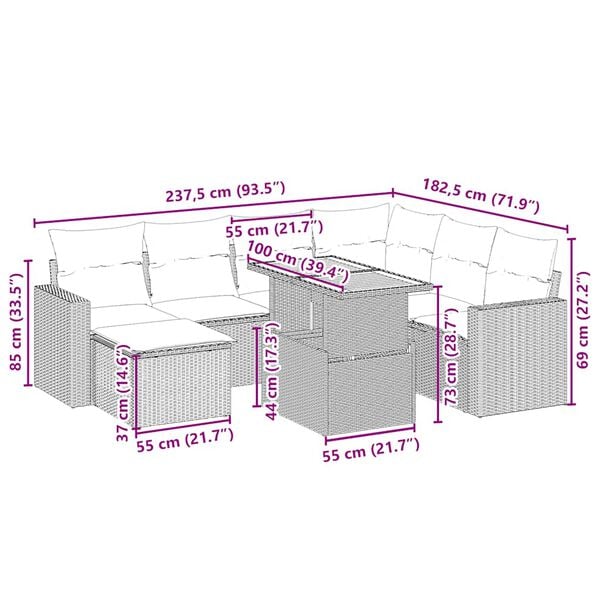 vidaXL 8-tlg. Garten-Sofagarnitur mit Kissen Beige Poly Rattan