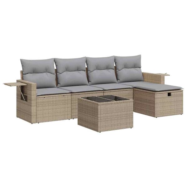 vidaXL 6-tlg. Garten-Sofagarnitur mit Kissen Beige Poly Rattan