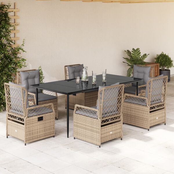 vidaXL 7-tlg. Garten-Essgruppe mit Kissen Beige Poly Rattan