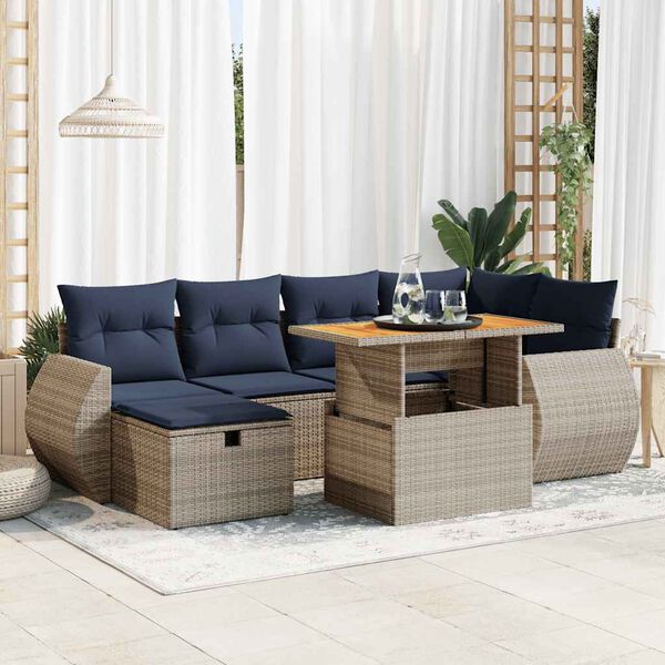 vidaXL 7-tlg. Garten-Sofagarnitur mit Kissen Braun Poly Rattan Akazie
