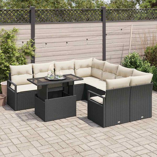 vidaXL Gartensofa-set mit Speicher 9 pcs Schwarz und Creme Poly-Rattan