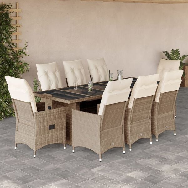 vidaXL 9-tlg. Garten-Bistro-Set mit Kissen Beige Poly Rattan