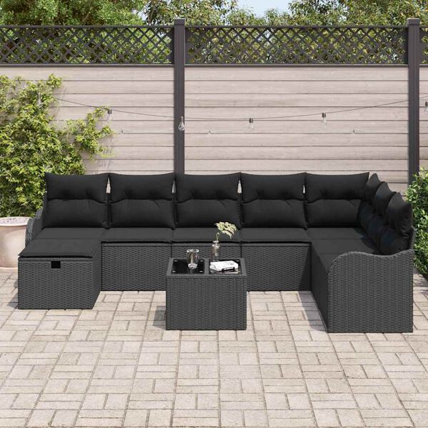 vidaXL Sofa Set mit Kissen mit Speicher Schwarz Poly-Rattan