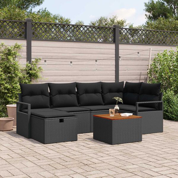 vidaXL Garten-Sofa-Set mit Kissen 7 pcs Schwarz Poly Rattan