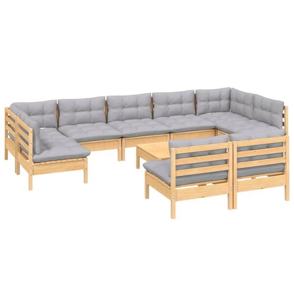 vidaXL 10-tlg. Garten-Lounge-Set mit Grauen Kissen Kiefer Massivholz