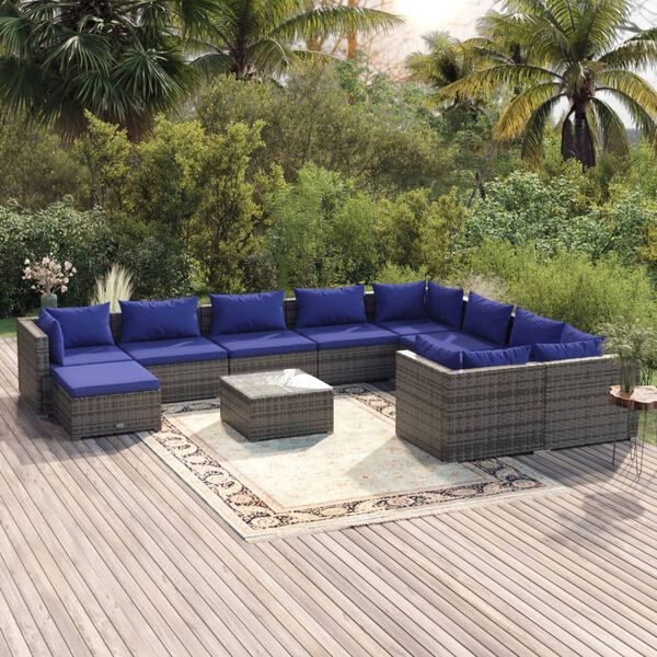 vidaXL 11-tlg. Garten-Lounge-Set mit Kissen Poly Rattan Grau