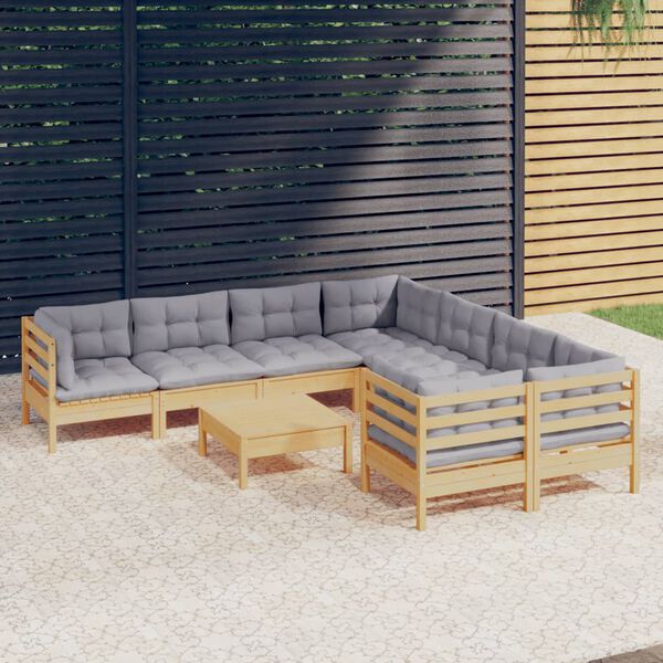 vidaXL 9-tlg. Garten-Lounge-Set mit Grauen Kissen Kiefernholz