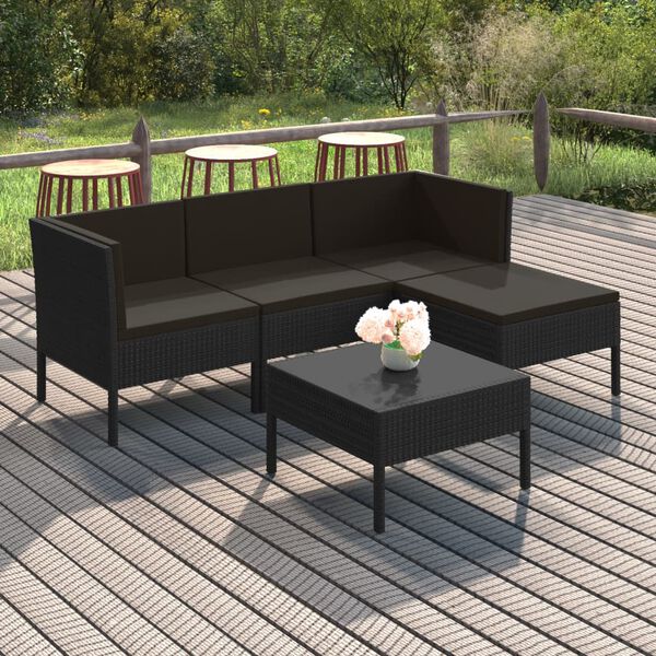 vidaXL 5-tlg. Garten-Lounge-Set mit Auflagen Poly Rattan Schwarz