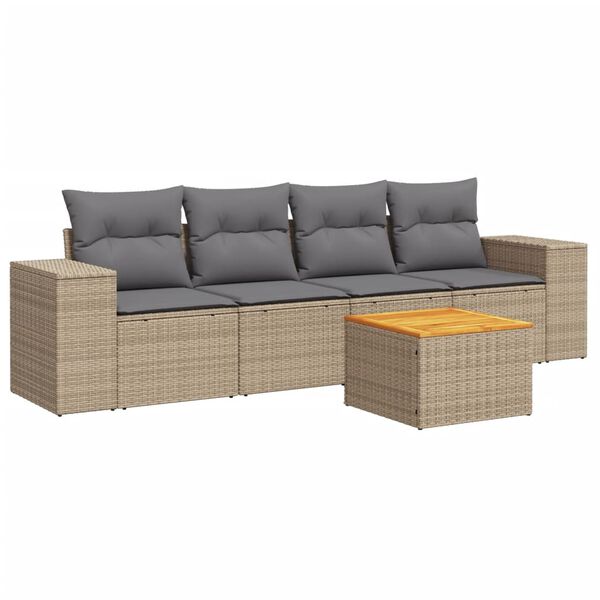 vidaXL 5-tlg. Garten-Sofagarnitur mit Kissen Beige Poly Rattan