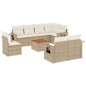 vidaXL 9-tlg. Garten-Sofagarnitur mit Kissen Beige Poly Rattan