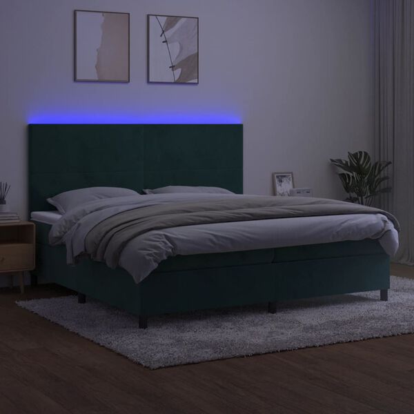 vidaXL Boxspringbett mit Matratze & LED Dunkelgr&uuml;n 200x200 cm Samt