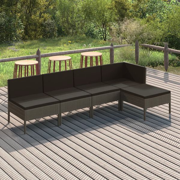 vidaXL 5-tlg. Garten-Lounge-Set mit Auflagen Poly Rattan Grau