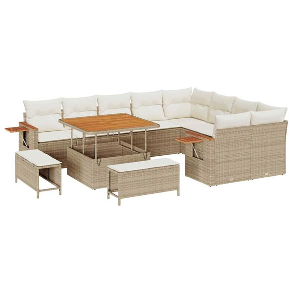 vidaXL Garten-Sofa-Set mit Kissen mit Speicher Beige Poly Rattan
