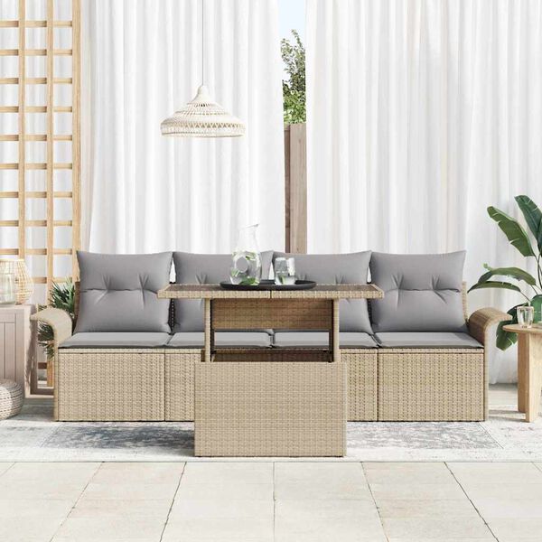 vidaXL Gartensofa-set mit Kissen mit Speicher 5 pcs Beige Poly Rattan