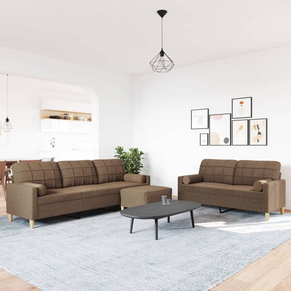 vidaXL 3-tlg. Sofagarnitur mit Fu&szlig;hocker & Dekokissen Braun Stoff