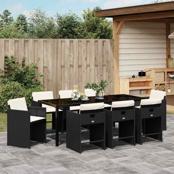 vidaXL Garten Essgruppe mit Kissen 9 pcs Schwarz Poly-Rattan