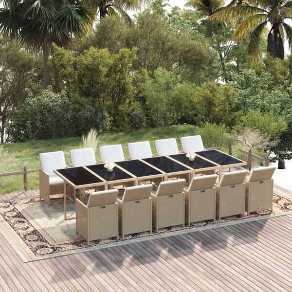 vidaXL 13-tlg. Garten-Essgruppe mit Kissen Poly Rattan Beige