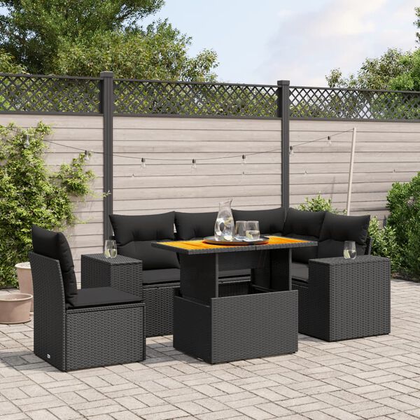 vidaXL 6-tlg. Garten-Sofagarnitur mit Kissen Schwarz Poly Rattan