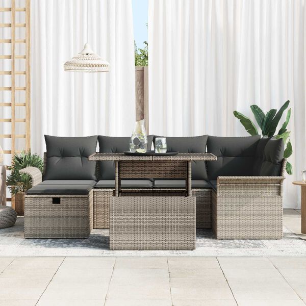 vidaXL Garten-Sofa-Set mit Kissen mit Speicher 7 pcs Grau Poly Rattan
