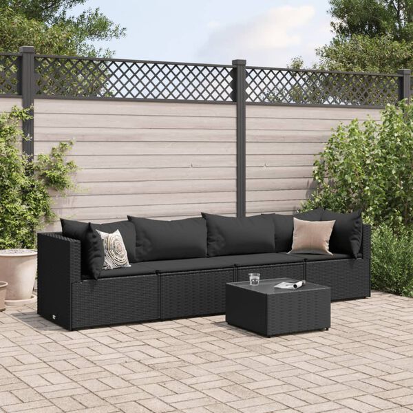 vidaXL 5-tlg. Garten-Lounge-Set mit Kissen Schwarz Poly Rattan