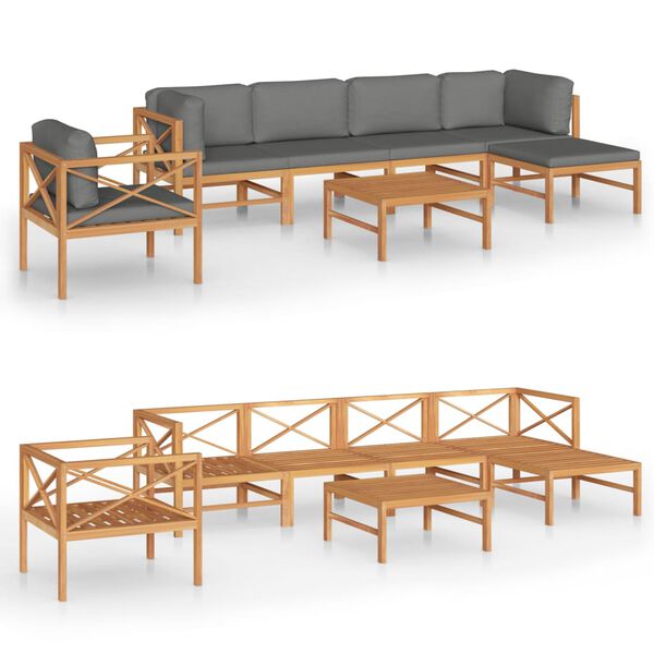 vidaXL 7-tlg. Garten-Lounge-Set mit Grauen Kissen Massivholz Teak