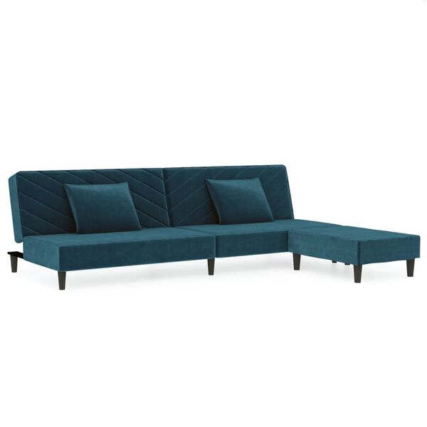 vidaXL Schlafsofa 2-Sitzer mit 2 Kissen und Fu&szlig;hocker Blau Samt